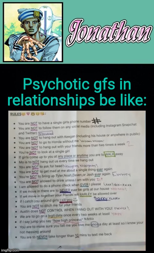 Psychotic gfs in relationships be like: | image tagged in jonathan 8 | made w/ Imgflip meme maker