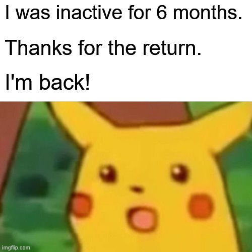 6 months later | I was inactive for 6 months. Thanks for the return. I'm back! | image tagged in memes,surprised pikachu,inactive,return | made w/ Imgflip meme maker