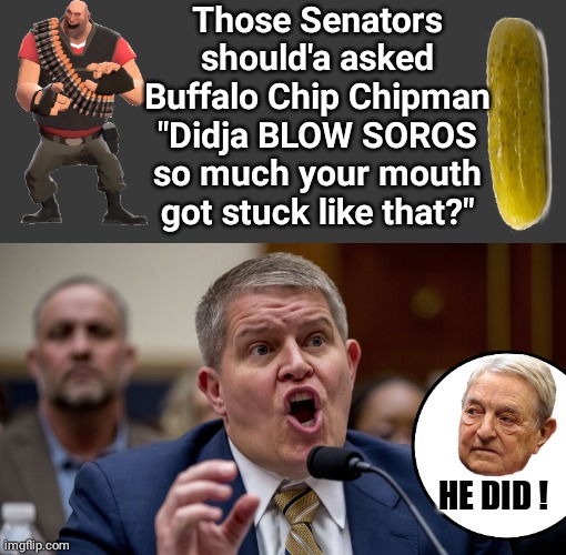 Chipman BLOWS SORISSOROS | Those Senators should'a asked Buffalo Chip Chipman "Didja BLOW SOROS so much your mouth got stuck like that?"; HE DID ! | image tagged in blank no watermark | made w/ Imgflip meme maker