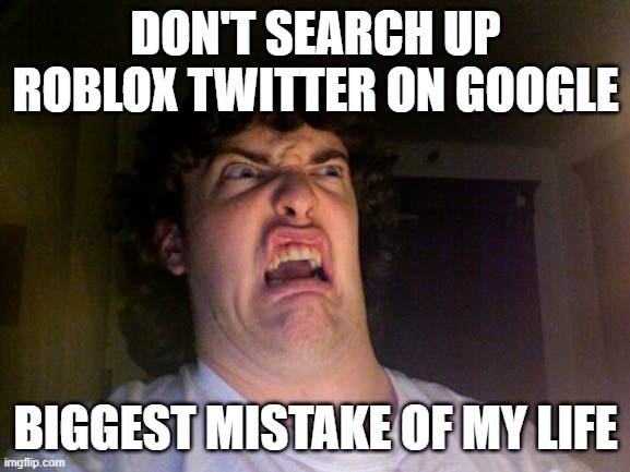o h n o | DON'T SEARCH UP ROBLOX TWITTER ON GOOGLE; BIGGEST MISTAKE OF MY LIFE | image tagged in memes,oh no | made w/ Imgflip meme maker