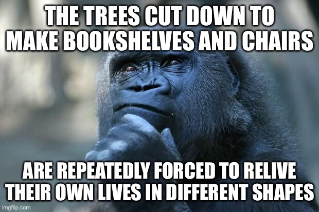 this is true | THE TREES CUT DOWN TO MAKE BOOKSHELVES AND CHAIRS; ARE REPEATEDLY FORCED TO RELIVE THEIR OWN LIVES IN DIFFERENT SHAPES | image tagged in deep thoughts,dark humor,funny,wtf,death | made w/ Imgflip meme maker