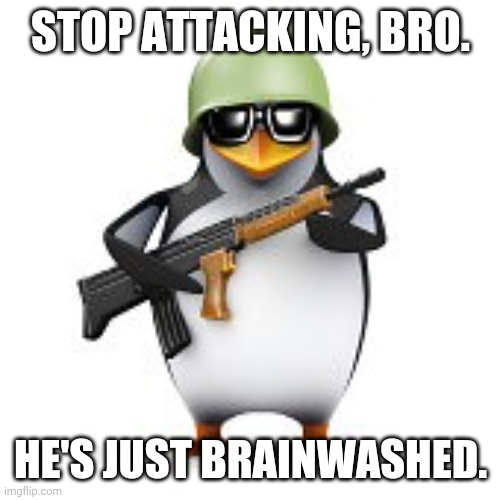 no anime penguin | STOP ATTACKING, BRO. HE'S JUST BRAINWASHED. | image tagged in no anime penguin | made w/ Imgflip meme maker