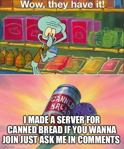 Canned bread | I MADE A SERVER FOR CANNED BREAD IF YOU WANNA JOIN JUST ASK ME IN COMMENTS | image tagged in wow they have it | made w/ Imgflip meme maker