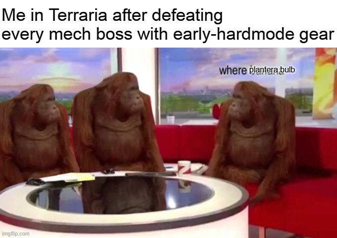 where banana | Me in Terraria after defeating every mech boss with early-hardmode gear; plantera bulb | image tagged in where banana | made w/ Imgflip meme maker