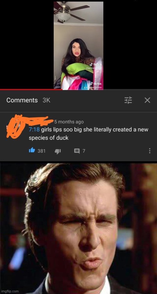 oof | image tagged in christian bale ooh,rare insults,duck,animal,lipstick,destruction 100 | made w/ Imgflip meme maker