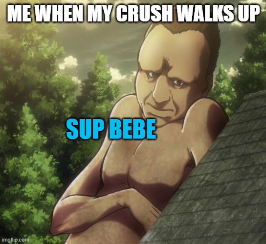 attack on titan and chill | ME WHEN MY CRUSH WALKS UP; SUP BEBE | image tagged in attack on titan and chill | made w/ Imgflip meme maker