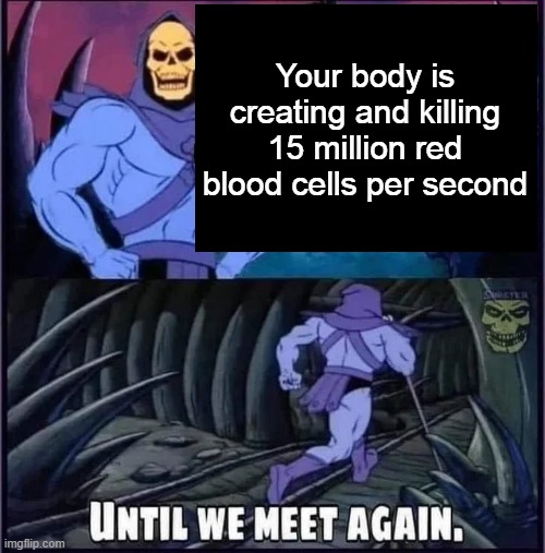Until we meet again | Your body is creating and killing 15 million red blood cells per second | image tagged in until we meet again | made w/ Imgflip meme maker