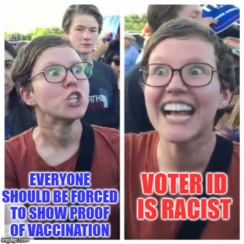 More far left stupidity | VOTER ID IS RACIST; EVERYONE SHOULD BE FORCED TO SHOW PROOF OF VACCINATION | image tagged in sjw hypocrisy | made w/ Imgflip meme maker