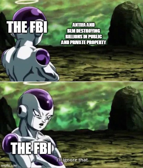 Freeza Ignores | ANTIFA AND BLM DESTROYING BILLIONS IN PUBLIC AND PRIVATE PROPERTY; THE FBI; THE FBI | image tagged in freeza ignores | made w/ Imgflip meme maker