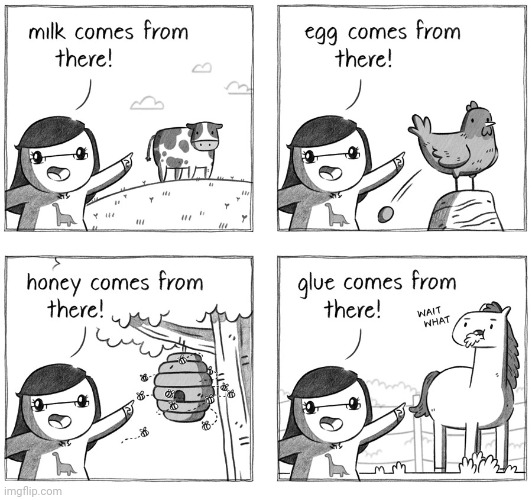 Milk, egg, honey, glue | image tagged in milk,egg,honey,glue,comics/cartoons,comics | made w/ Imgflip meme maker