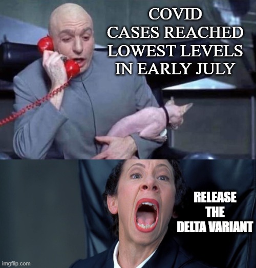 Dr Evil and Frau | COVID CASES REACHED LOWEST LEVELS IN EARLY JULY; RELEASE THE DELTA VARIANT | image tagged in dr evil and frau | made w/ Imgflip meme maker
