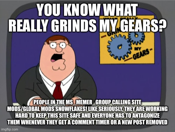 No offense but I gotta let this out | YOU KNOW WHAT REALLY GRINDS MY GEARS? PEOPLE IN THE MS_MEMER_GROUP CALLING SITE MODS/GLOBAL MODS SNOWFLAKES! LIKE SERIOUSLY, THEY ARE WORKING HARD TO KEEP THIS SITE SAFE AND EVERYONE HAS TO ANTAGONIZE THEM WHENEVER THEY GET A COMMENT TIMER OR A NEW POST REMOVED | image tagged in memes,peter griffin news | made w/ Imgflip meme maker