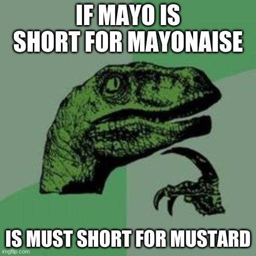 musty mustard | IF MAYO IS SHORT FOR MAYONAISE; IS MUST SHORT FOR MUSTARD | image tagged in time raptor,memes | made w/ Imgflip meme maker