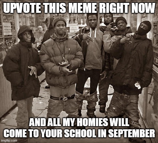 All My Homies Hate | UPVOTE THIS MEME RIGHT NOW; AND ALL MY HOMIES WILL COME TO YOUR SCHOOL IN SEPTEMBER | image tagged in all my homies hate | made w/ Imgflip meme maker