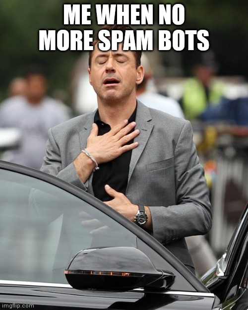 For now.... | ME WHEN NO MORE SPAM BOTS | image tagged in relief | made w/ Imgflip meme maker