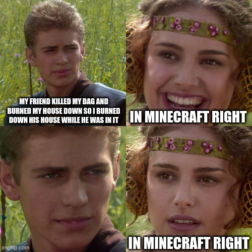 uuuh i he a psycho | MY FRIEND KILLED MY DAG AND BURNED MY HOUSE DOWN SO I BURNED DOWN HIS HOUSE WHILE HE WAS IN IT; IN MINECRAFT RIGHT; IN MINECRAFT RIGHT | image tagged in anakin padme 4 panel | made w/ Imgflip meme maker