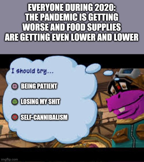 Just a little recap on the pandemic - just for those who don't like it when I do... consider this ur karma for being so nosy | EVERYONE DURING 2020: THE PANDEMIC IS GETTING WORSE AND FOOD SUPPLIES ARE GETTING EVEN LOWER AND LOWER; BEING PATIENT; LOSING MY SHIT; SELF-CANNIBALISM | image tagged in sly cooper 3,2020 sucked,karma,mind your own business,covid-19 pandemic,savage memes | made w/ Imgflip meme maker