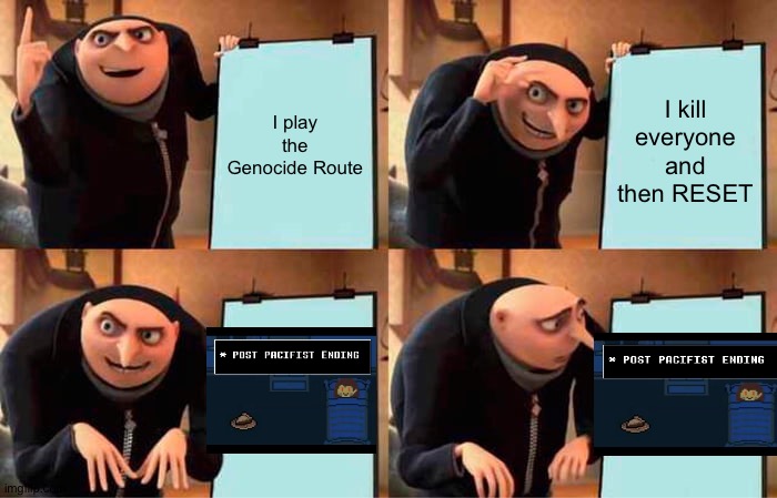 Post Genocide be like... | I play the Genocide Route; I kill everyone and then RESET | image tagged in memes,gru's plan | made w/ Imgflip meme maker