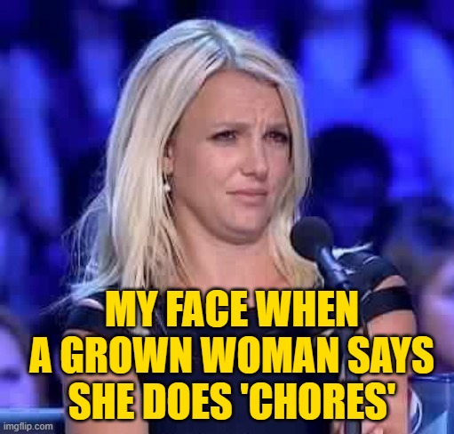 Chore Face |  MY FACE WHEN A GROWN WOMAN SAYS SHE DOES 'CHORES' | image tagged in britney dissing,chores,housework,my face when,funny memes,lol | made w/ Imgflip meme maker