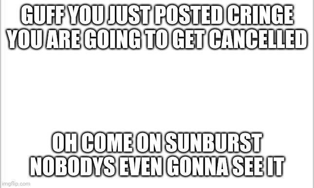 Lol | GUFF YOU JUST POSTED CRINGE YOU ARE GOING TO GET CANCELLED; OH COME ON SUNBURST NOBODYS EVEN GONNA SEE IT | image tagged in white background | made w/ Imgflip meme maker