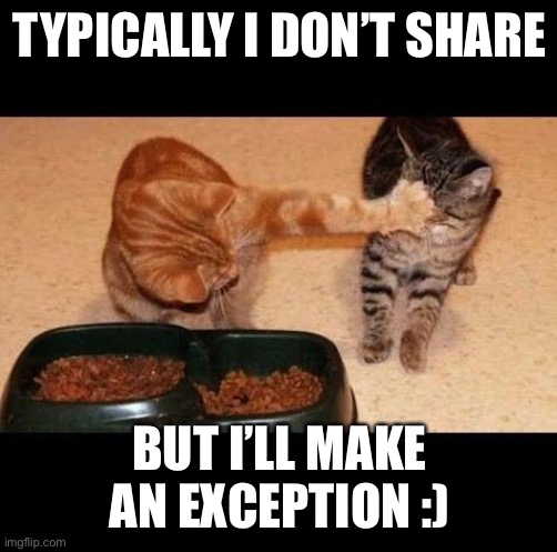 cats share food | TYPICALLY I DON’T SHARE BUT I’LL MAKE AN EXCEPTION :) | image tagged in cats share food | made w/ Imgflip meme maker