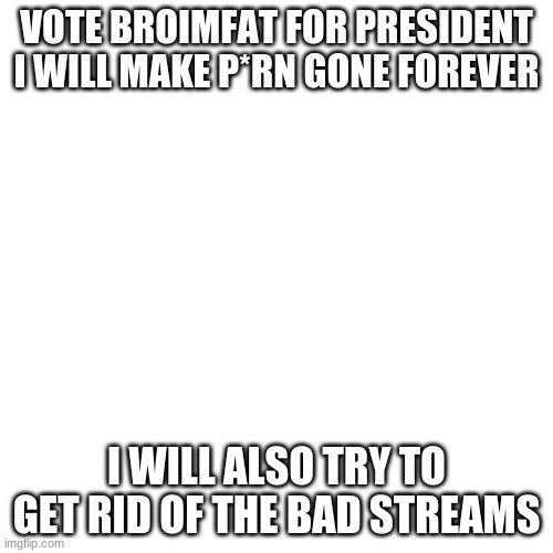 vote for me | VOTE BROIMFAT FOR PRESIDENT I WILL MAKE P*RN GONE FOREVER; I WILL ALSO TRY TO GET RID OF THE BAD STREAMS | image tagged in memes,blank transparent square | made w/ Imgflip meme maker