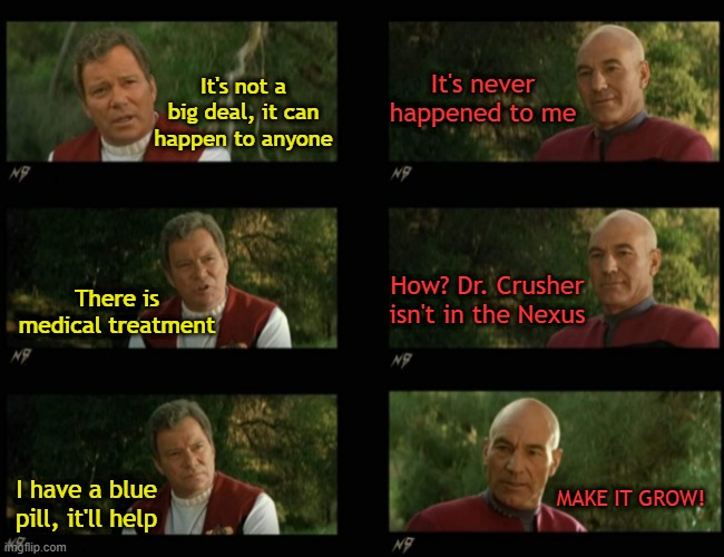 Two aging Starfleet Captains | It's never happened to me; It's not a big deal, it can happen to anyone; There is medical treatment; How? Dr. Crusher isn't in the Nexus; MAKE IT GROW! I have a blue pill, it'll help | image tagged in kirk picard | made w/ Imgflip meme maker