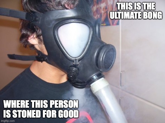 Gas Mask With Weed Smoke | THIS IS THE ULTIMATE BONG; WHERE THIS PERSON IS STONED FOR GOOD | image tagged in memes,weed | made w/ Imgflip meme maker