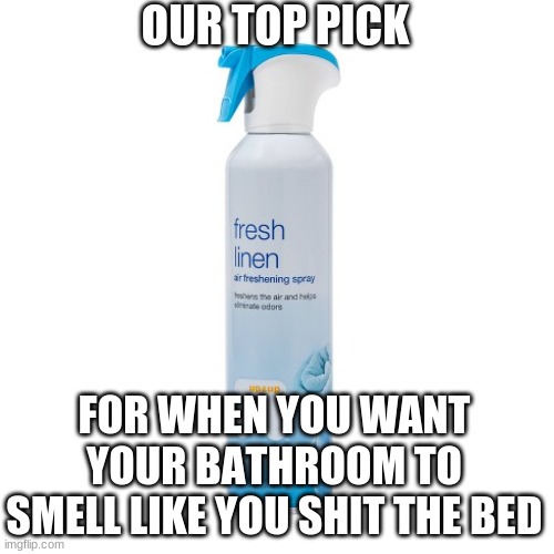 Shit the bed | OUR TOP PICK; FOR WHEN YOU WANT YOUR BATHROOM TO SMELL LIKE YOU SHIT THE BED | image tagged in shit the bed | made w/ Imgflip meme maker