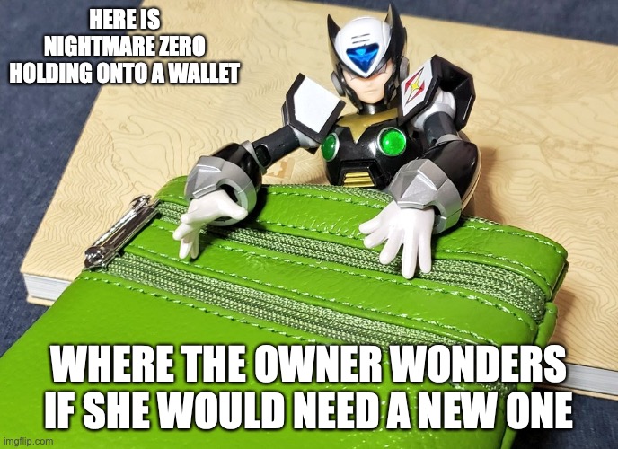 Nightmare Zero With Wallet | HERE IS NIGHTMARE ZERO HOLDING ONTO A WALLET; WHERE THE OWNER WONDERS IF SHE WOULD NEED A NEW ONE | image tagged in megaman x,megaman,zero,wallet,memes | made w/ Imgflip meme maker