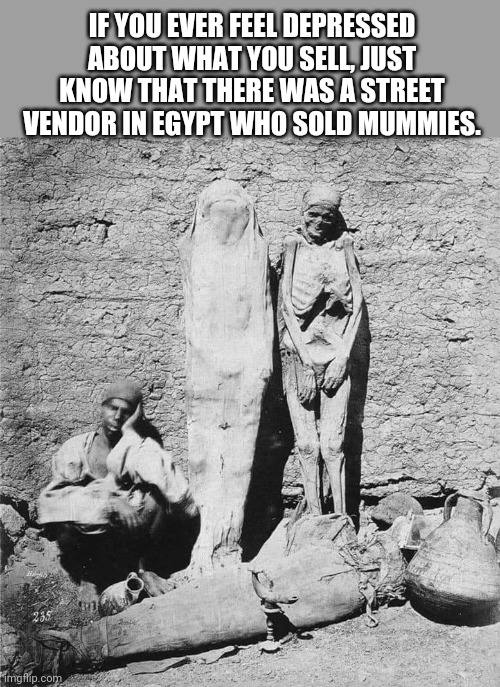 I sell dead people | IF YOU EVER FEEL DEPRESSED ABOUT WHAT YOU SELL, JUST KNOW THAT THERE WAS A STREET VENDOR IN EGYPT WHO SOLD MUMMIES. | image tagged in mummy,salesman,egypt | made w/ Imgflip meme maker