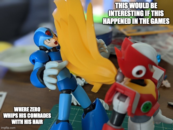 X Getting Whipped By Zero's Hair |  THIS WOULD BE INTERESTING IF THIS HAPPENED IN THE GAMES; WHERE ZERO WHIPS HIS COMRADES WITH HIS HAIR | image tagged in megaman,megaman x,zero,funny,memes | made w/ Imgflip meme maker