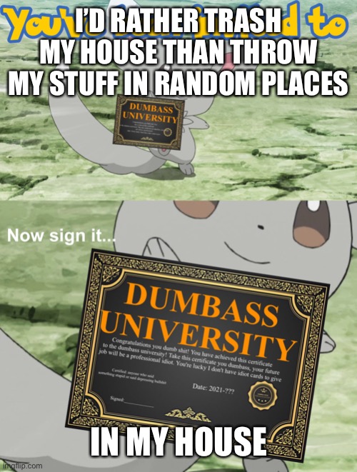 I idiot | I’D RATHER TRASH MY HOUSE THAN THROW MY STUFF IN RANDOM PLACES; IN MY HOUSE | image tagged in you've been invited to dumbass university | made w/ Imgflip meme maker