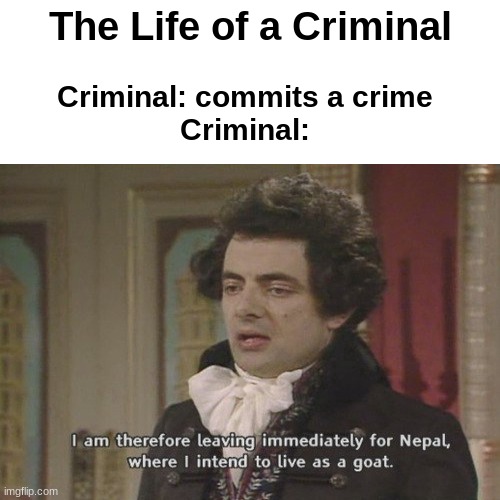 The Life of a Criminal; Criminal: commits a crime
Criminal: | image tagged in blackadder | made w/ Imgflip meme maker