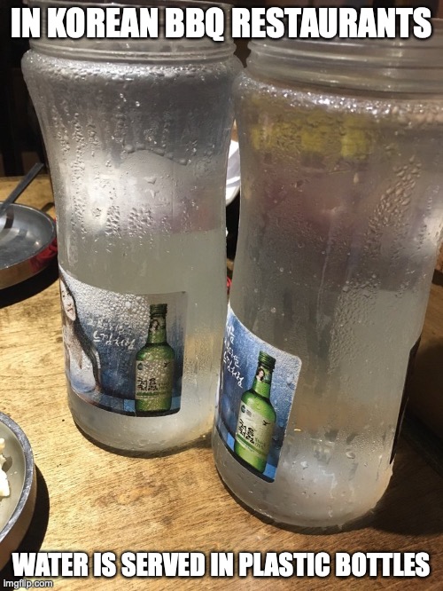 Water in Korean BBQ Restaurants | IN KOREAN BBQ RESTAURANTS; WATER IS SERVED IN PLASTIC BOTTLES | image tagged in restaurant,water,memes | made w/ Imgflip meme maker