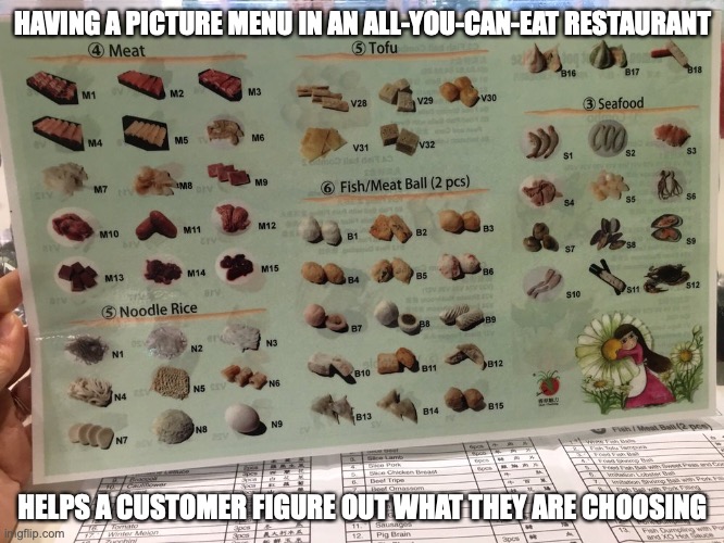 Picture Menu | HAVING A PICTURE MENU IN AN ALL-YOU-CAN-EAT RESTAURANT; HELPS A CUSTOMER FIGURE OUT WHAT THEY ARE CHOOSING | image tagged in menu,restaurant,memes | made w/ Imgflip meme maker