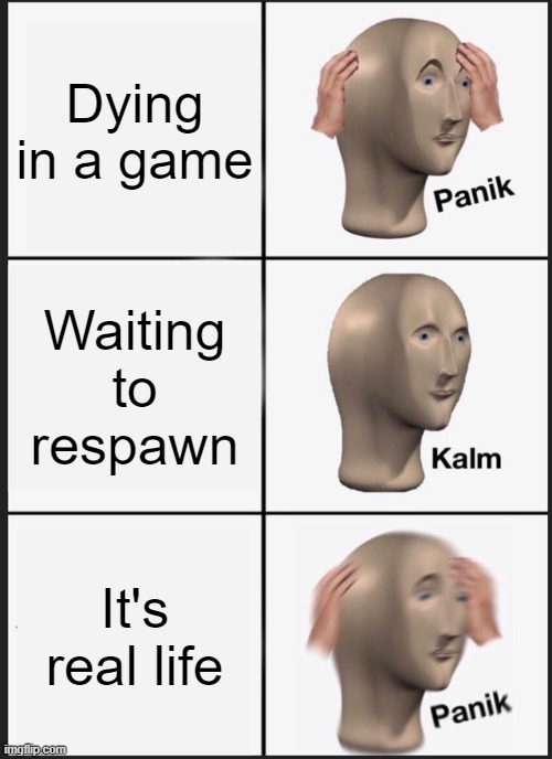 Dying | Dying in a game; Waiting to respawn; It's real life | image tagged in memes,panik kalm panik,video games,dying | made w/ Imgflip meme maker