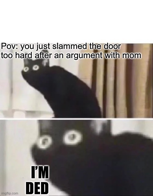 You getting a whooping | Pov: you just slammed the door too hard after an argument with mom; I’M DED | image tagged in oh no black cat,big trouble,oh no,dead | made w/ Imgflip meme maker