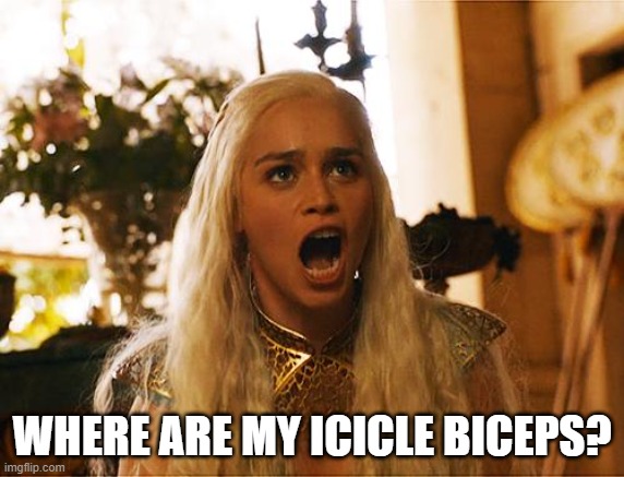 Where are my dragons | WHERE ARE MY ICICLE BICEPS? | image tagged in where are my dragons | made w/ Imgflip meme maker