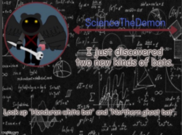 Science's template for scientists | I just discovered two new kinds of bats. Look up 'Honduran white bat' and 'Northern ghost bat'. | image tagged in science's template for scientists | made w/ Imgflip meme maker