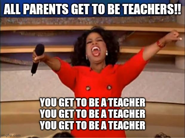 Homeschooling |  ALL PARENTS GET TO BE TEACHERS!! YOU GET TO BE A TEACHER
YOU GET TO BE A TEACHER
YOU GET TO BE A TEACHER | image tagged in memes,oprah you get a,homeschool | made w/ Imgflip meme maker