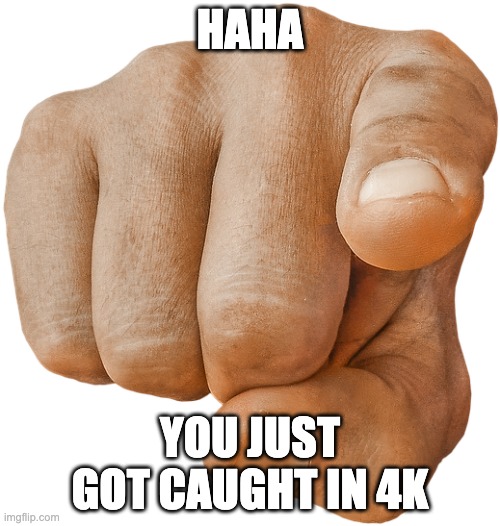 pointing finger | HAHA; YOU JUST GOT CAUGHT IN 4K | image tagged in pointing finger | made w/ Imgflip meme maker