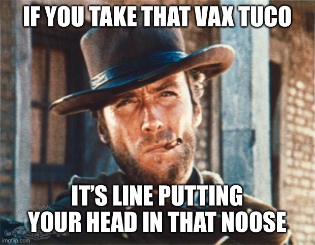 Clint Eastwood | IF YOU TAKE THAT VAX TUCO IT’S LINE PUTTING YOUR HEAD IN THAT NOOSE | image tagged in clint eastwood | made w/ Imgflip meme maker