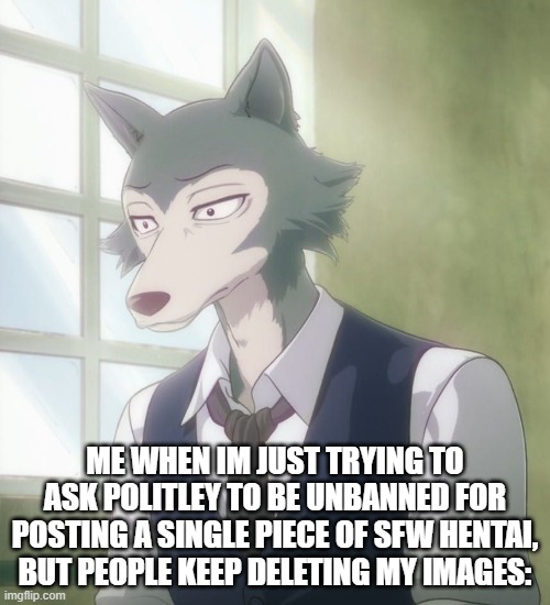 *sad uwu noises* | ME WHEN IM JUST TRYING TO ASK POLITLEY TO BE UNBANNED FOR POSTING A SINGLE PIECE OF SFW HENTAI, BUT PEOPLE KEEP DELETING MY IMAGES: | made w/ Imgflip meme maker