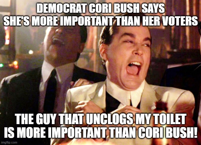 She's more important | DEMOCRAT CORI BUSH SAYS SHE'S MORE IMPORTANT THAN HER VOTERS; THE GUY THAT UNCLOGS MY TOILET IS MORE IMPORTANT THAN CORI BUSH! | image tagged in memes,good fellas hilarious | made w/ Imgflip meme maker