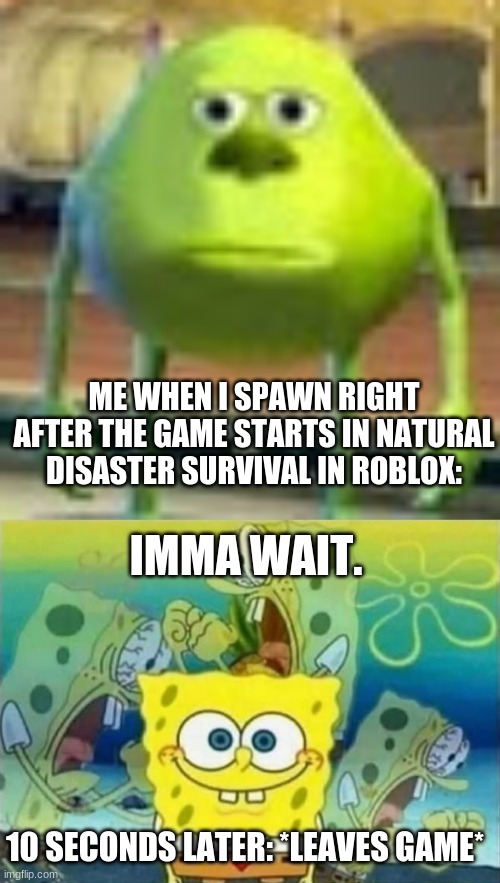  ME WHEN I SPAWN RIGHT AFTER THE GAME STARTS IN NATURAL DISASTER SURVIVAL IN ROBLOX:; IMMA WAIT. 10 SECONDS LATER: *LEAVES GAME* | image tagged in sully wazowski,spongebob rage,roblox,natural disaster survival,late | made w/ Imgflip meme maker