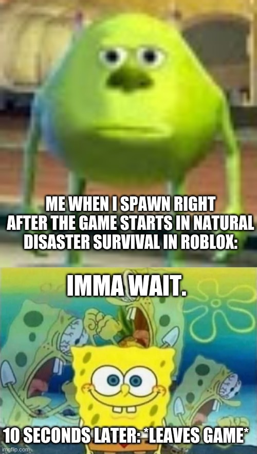 ME WHEN I SPAWN RIGHT AFTER THE GAME STARTS IN NATURAL DISASTER SURVIVAL IN ROBLOX:; IMMA WAIT. 10 SECONDS LATER: *LEAVES GAME* | image tagged in sully wazowski,spongebob rage,roblox,natural disaster survival,late | made w/ Imgflip meme maker