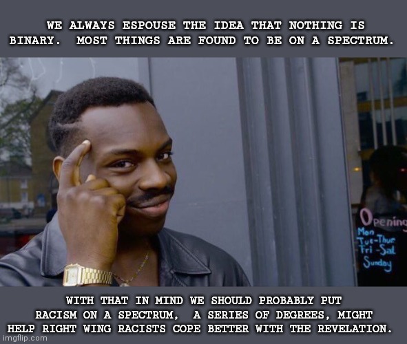Blatant in the first degree,  implicit in the second degree and so on. | WE ALWAYS ESPOUSE THE IDEA THAT NOTHING IS BINARY.  MOST THINGS ARE FOUND TO BE ON A SPECTRUM. WITH THAT IN MIND WE SHOULD PROBABLY PUT RACISM ON A SPECTRUM,  A SERIES OF DEGREES, MIGHT HELP RIGHT WING RACISTS COPE BETTER WITH THE REVELATION. | image tagged in memes,roll safe think about it | made w/ Imgflip meme maker