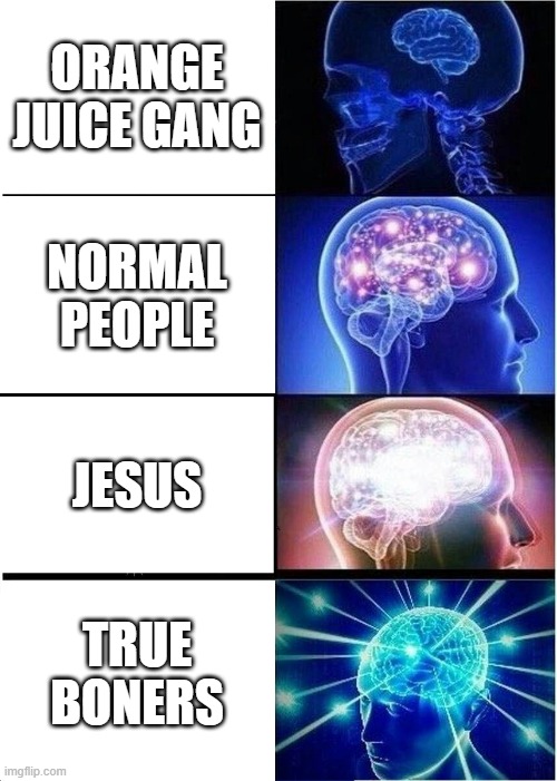Expanding Brain | ORANGE JUICE GANG; NORMAL PEOPLE; JESUS; TRUE BONERS | image tagged in memes,expanding brain | made w/ Imgflip meme maker