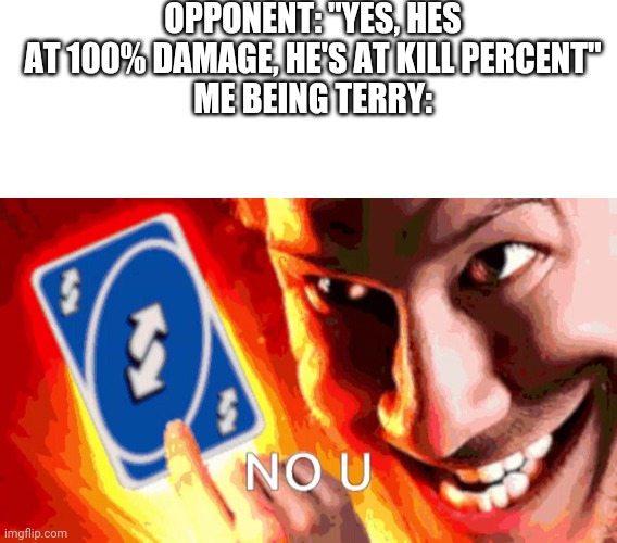 OPPONENT: "YES, HES AT 100% DAMAGE, HE'S AT KILL PERCENT"
ME BEING TERRY: | image tagged in blank white template,no u,super smash bros,uno reverse card | made w/ Imgflip meme maker